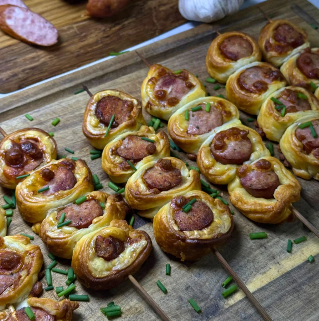 Kiełbasa w cieście francuskim na patyku podana z sosem musztardowym